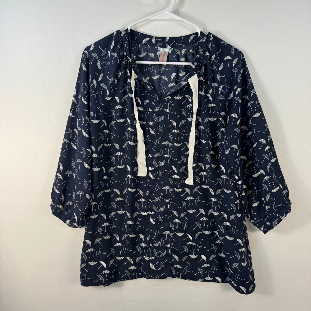 DownEast Basics Navy Blue Umbrella Print Blouse Split Neck Ribbon Tie Medium
